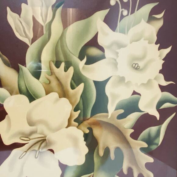 Mid Century Turner Floral Print Original Frame Maroon & Creamy White Signed - Picture 3 of 7